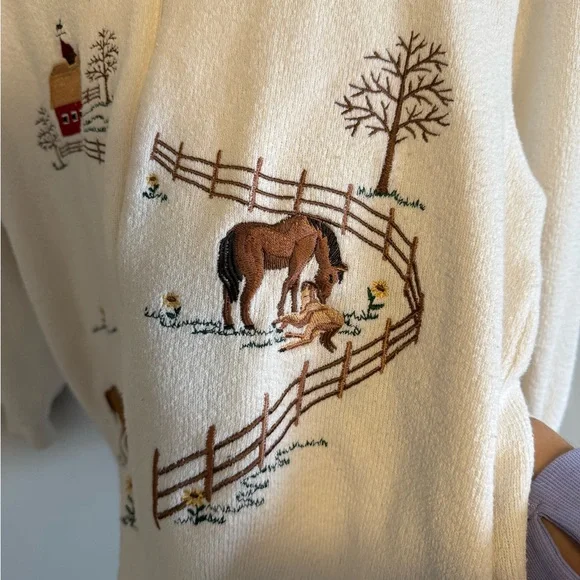 Vintage Bon Worth Women’s Ecru Embroidered Barn & Horse Jacket Size Small Petite - Picture 3 of 6